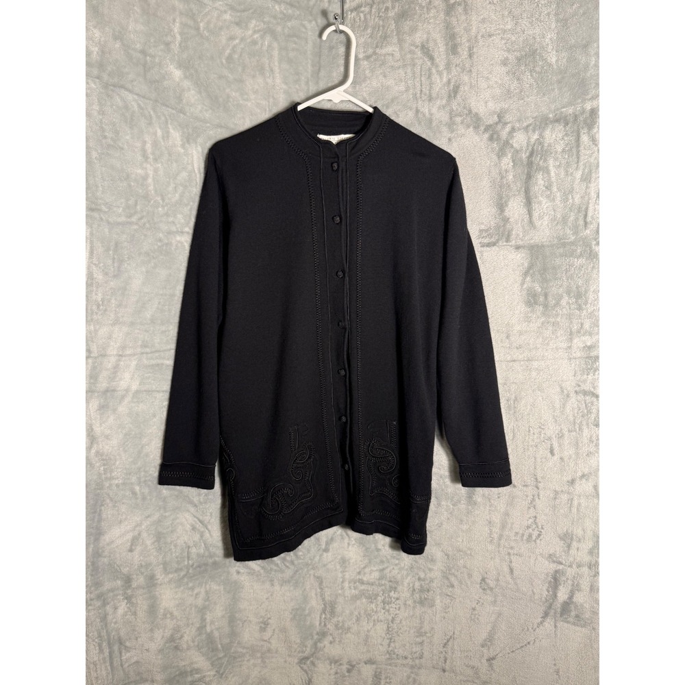Valerie Stevens Black 100% Merino Wool Embroidered Cardigan Sweater Mock Neck S